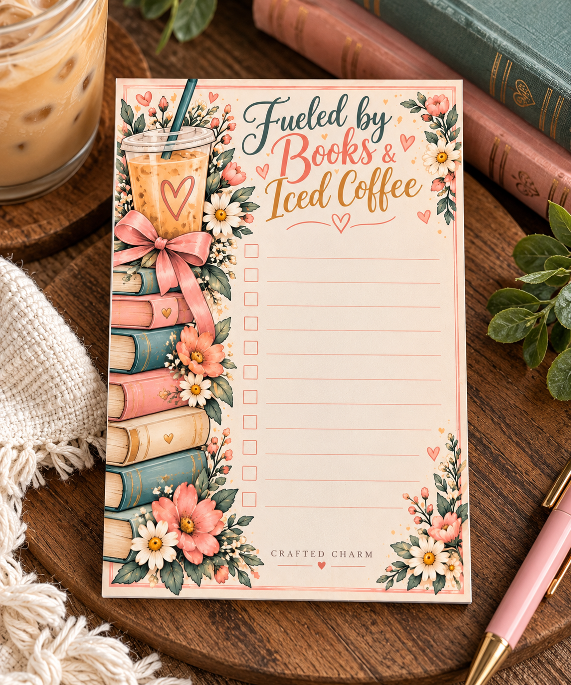 Fueled by Books and Iced Coffee floral checklist notepad styled with books, iced coffee and pink pen