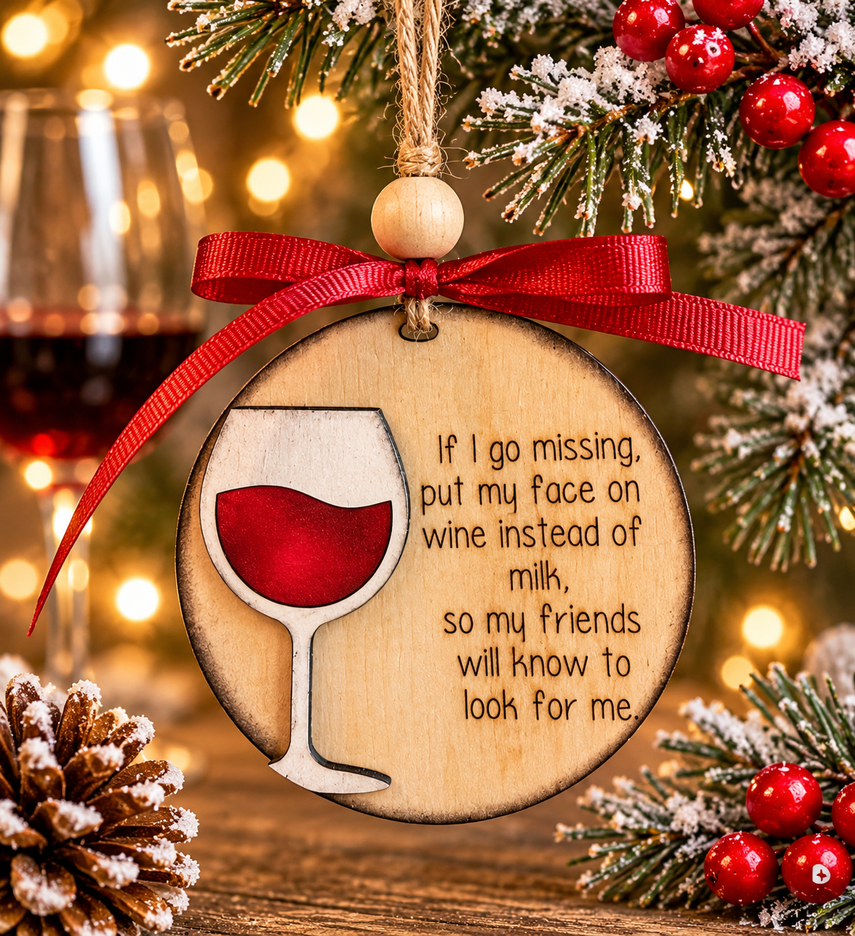 Funny wine lover wooden Christmas ornament with engraved wine saying and red bow
