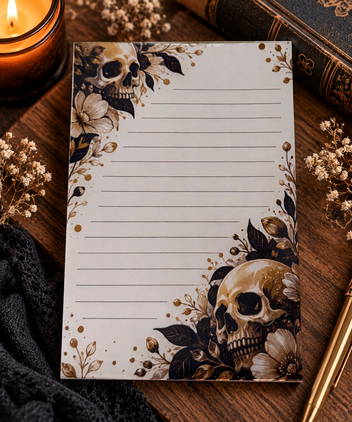 Original Gothic Floral Skulls lined notepad artwork preserved on styled background