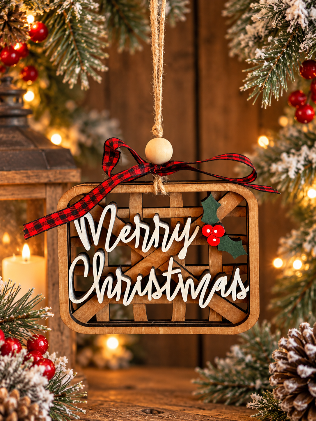 Merry Christmas rustic layered wood basket weave ornament with holly and buffalo plaid ribbon