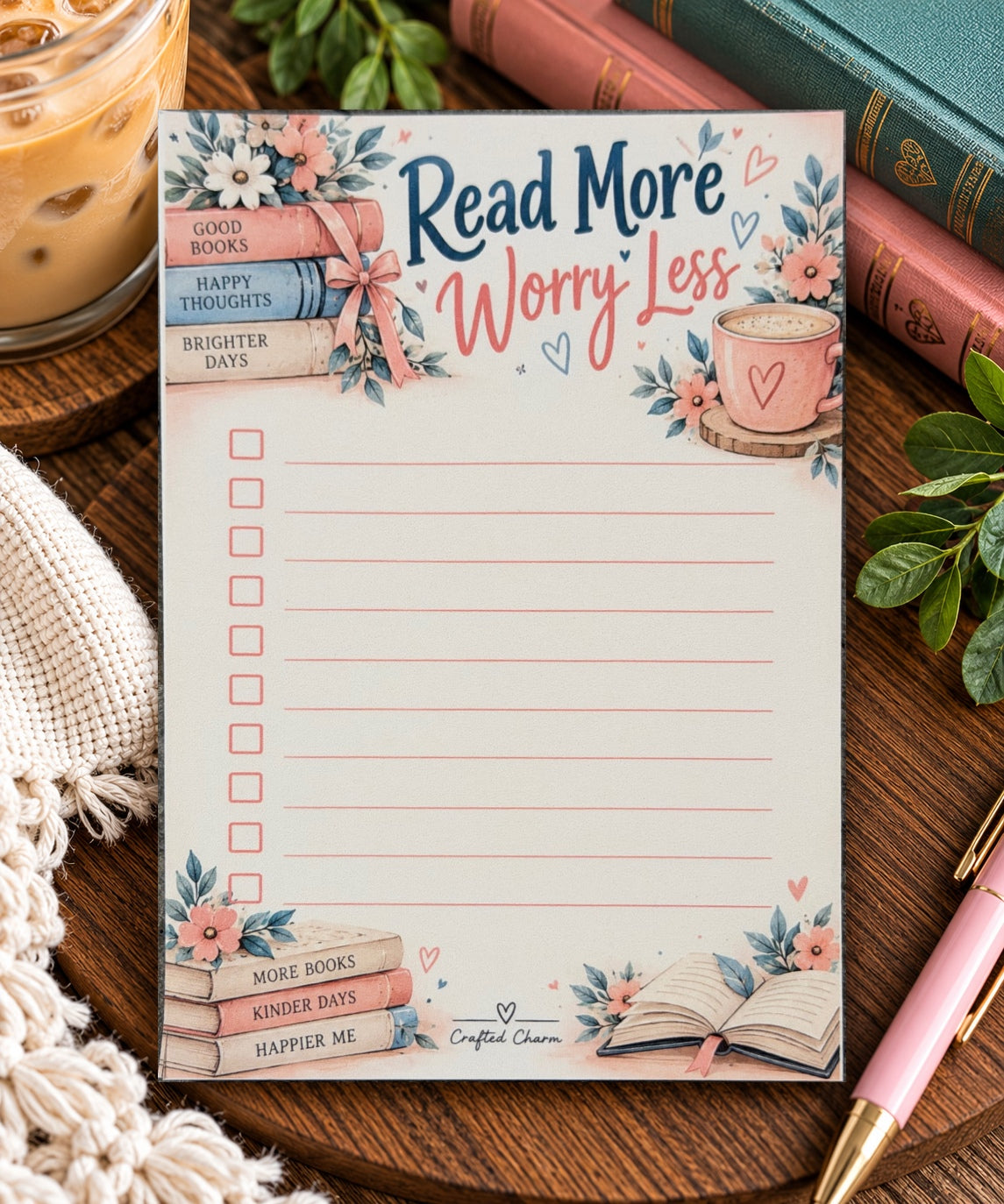 Read More Worry Less floral checklist notepad with original artwork and bottom book illustrations preserved