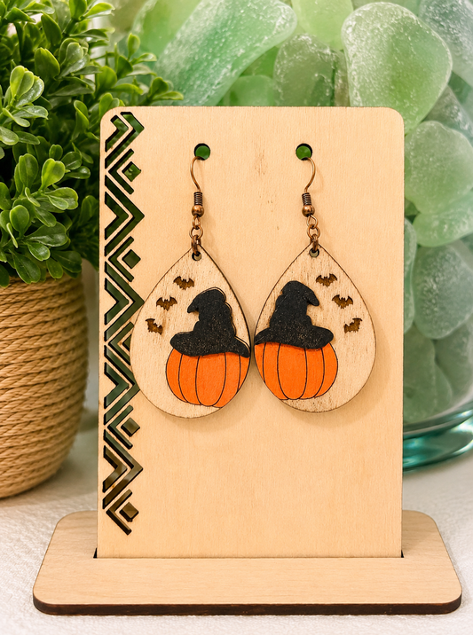 Witch Hat Pumpkin Wooden Earrings
