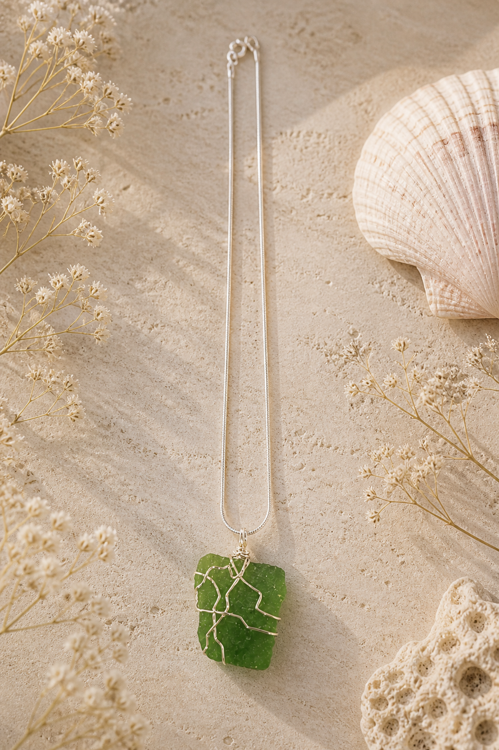 Hand-Wrapped Okinawa Sea Glass Necklace – Emerald Green