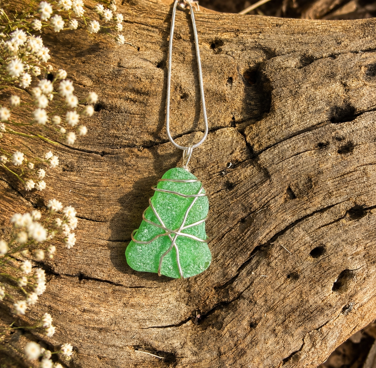 Hand-Wrapped Okinawa Sea Glass Necklace – Emerald Green