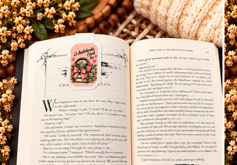 Audiobooks Count Too magnetic bookmark front clipped over an open book