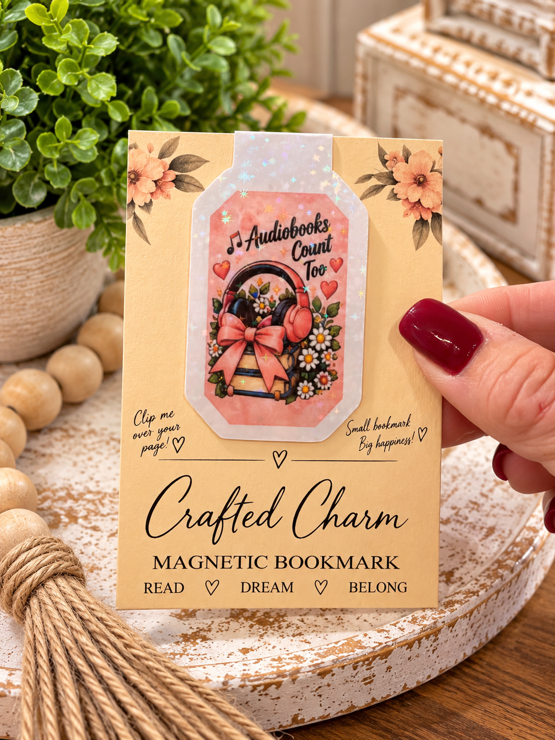 Audiobooks Count Too magnetic bookmark on Crafted Charm packaging