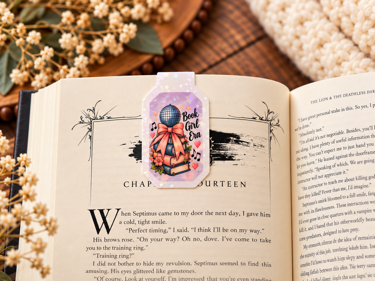 Book Girl Era magnetic bookmark front clipped over a book page