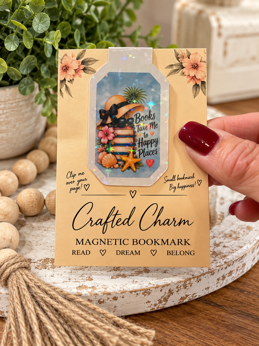 Books Take Me to Happy Places magnetic bookmark on Crafted Charm packaging