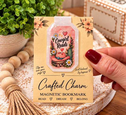 Cowgirl Reads magnetic bookmark on Crafted Charm packaging