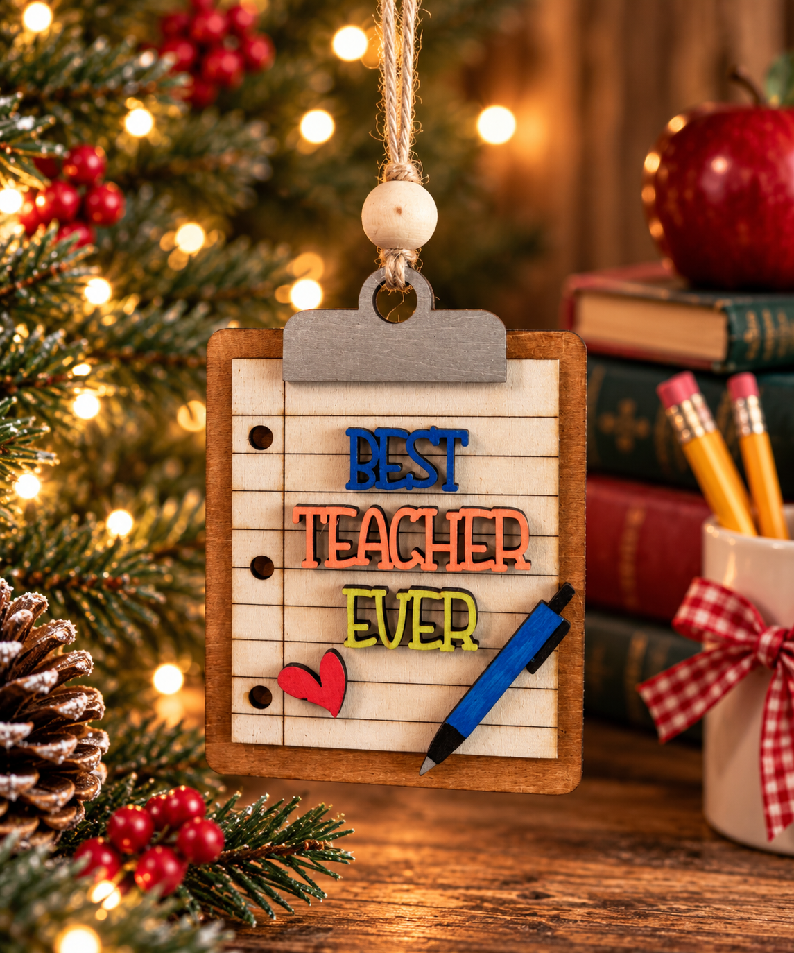Best Teacher Ever layered wooden clipboard ornament with colorful lettering, heart and blue pen