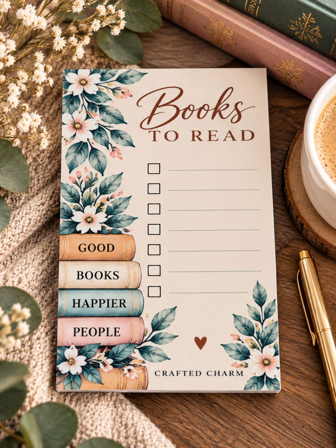 Books to Read floral checklist notepad displayed with coffee, books and flowers