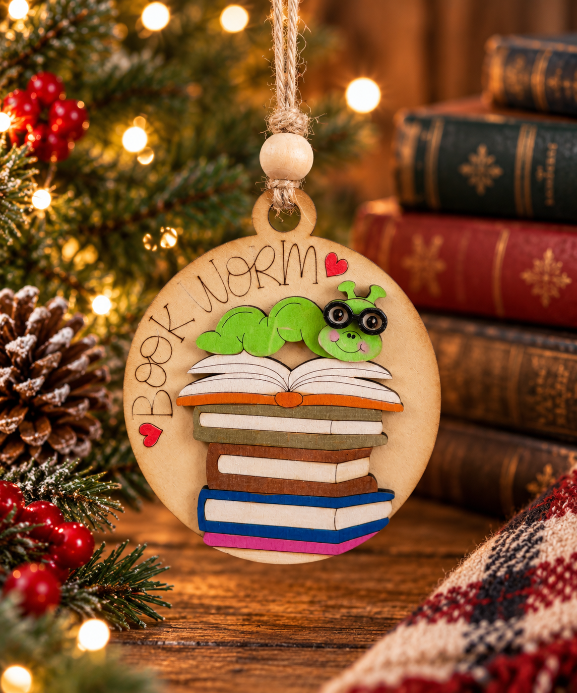 Bookworm handmade wooden ornament with colorful books, green worm and glasses