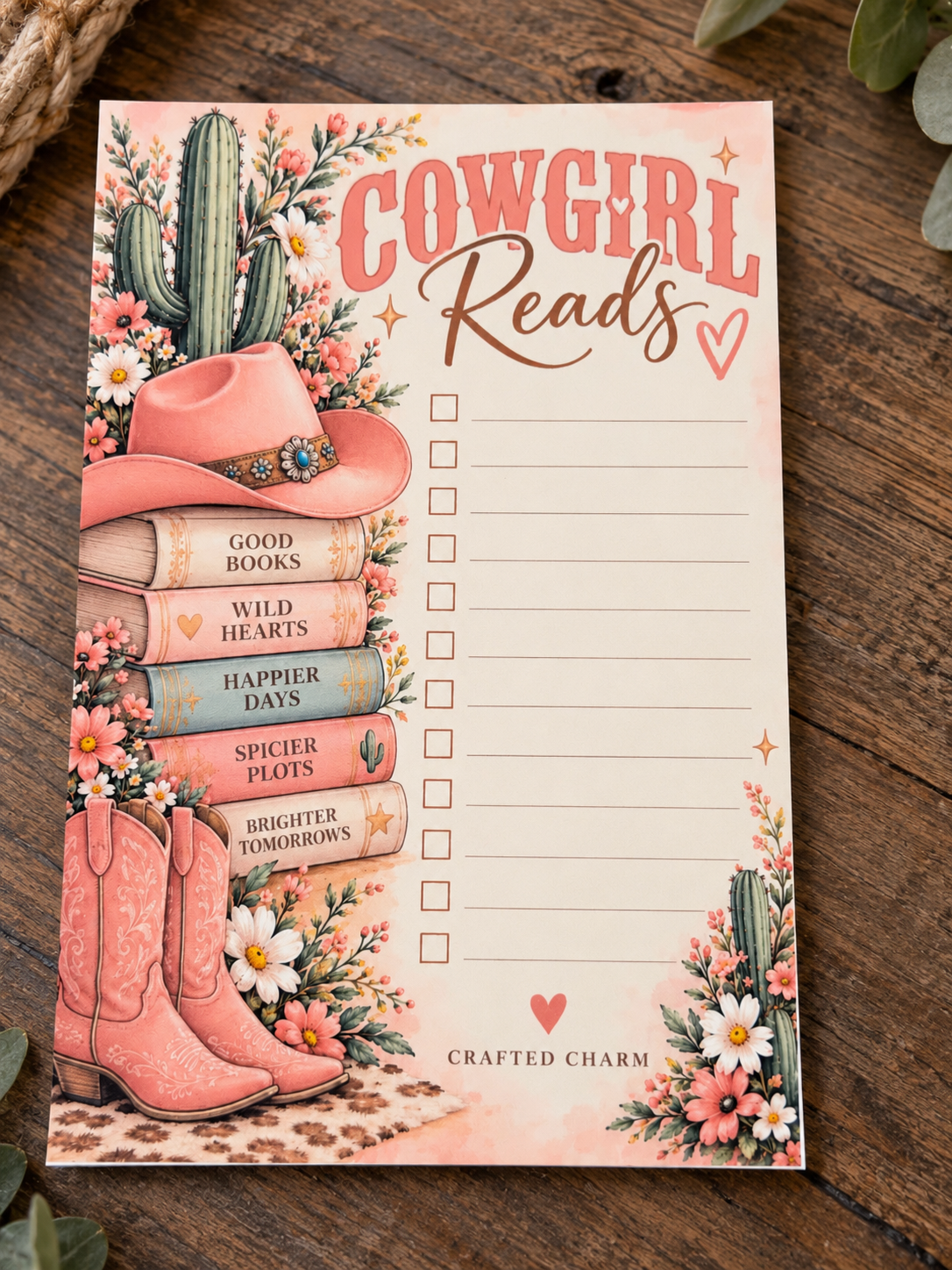 Cowgirl Reads western floral checklist notepad on warm rustic wood background