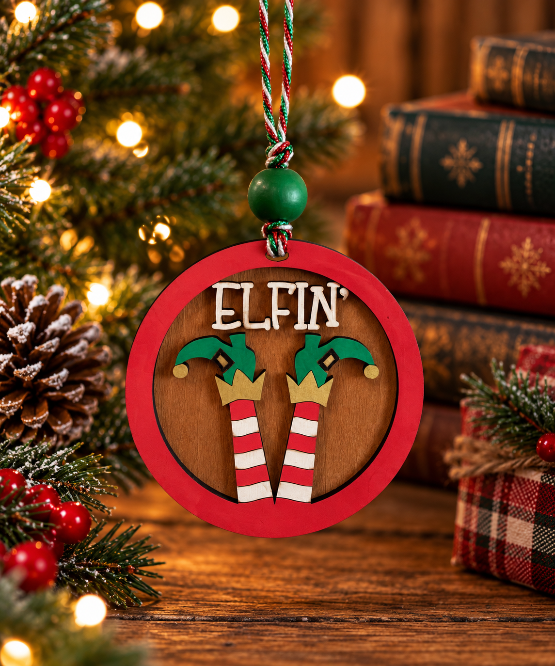 Elfin' Around handmade layered wooden Christmas ornament with red frame, elf legs and green bead