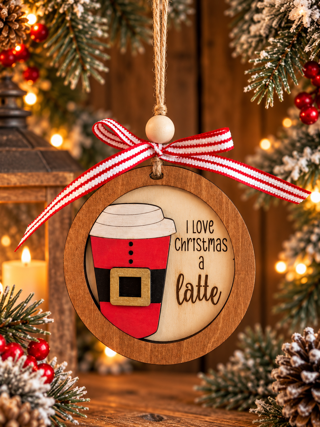 I Love Christmas a Latte handmade layered wooden ornament with festive red coffee cup