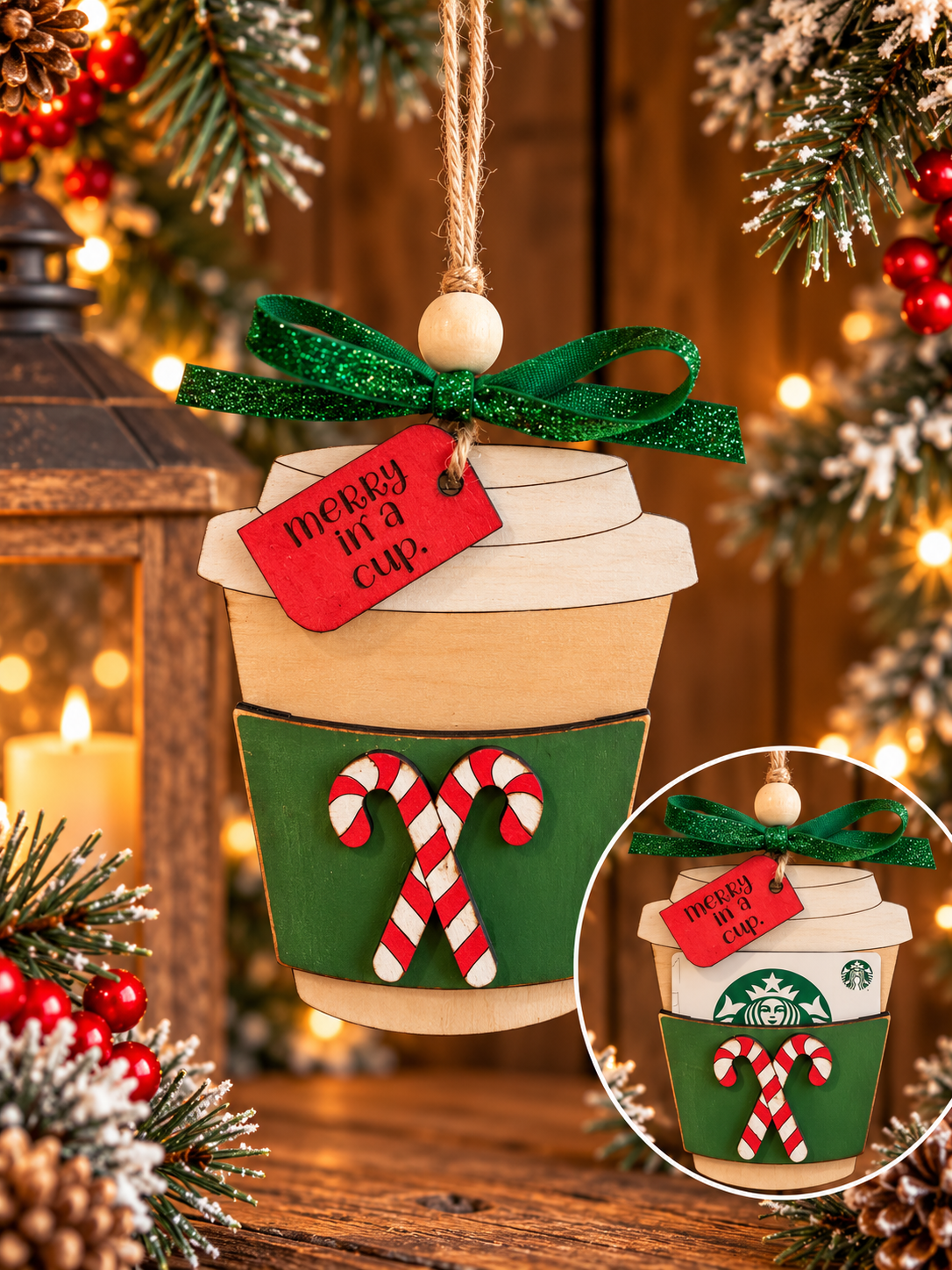 Merry in a Cup wooden ornament and gift card holder with green candy cane sleeve and gift card demonstration