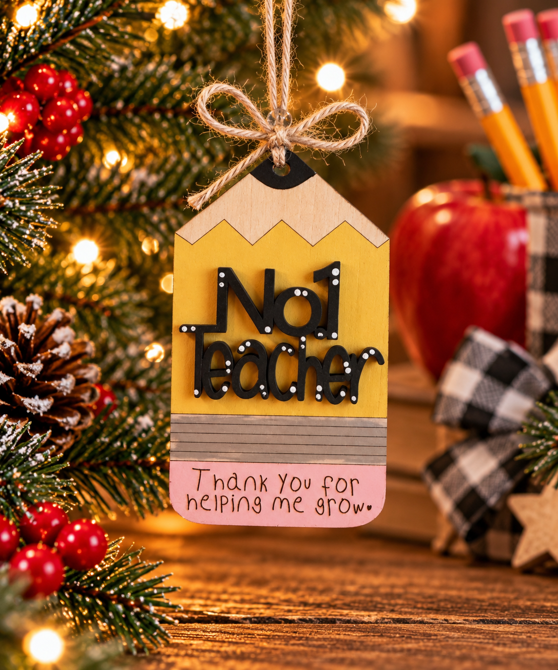No. 1 Teacher wooden pencil ornament and gift card holder with teacher appreciation message