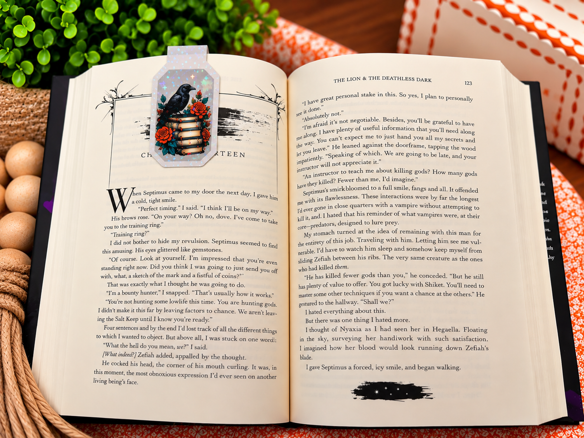 Dark Romance Reader magnetic bookmark back shown on an open book