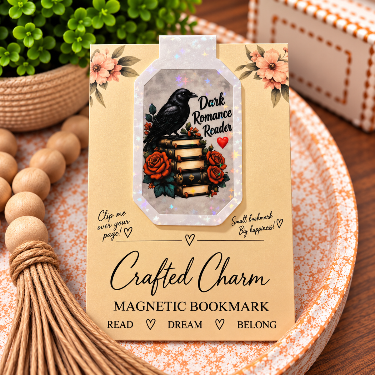 Dark Romance Reader magnetic bookmark on Crafted Charm packaging