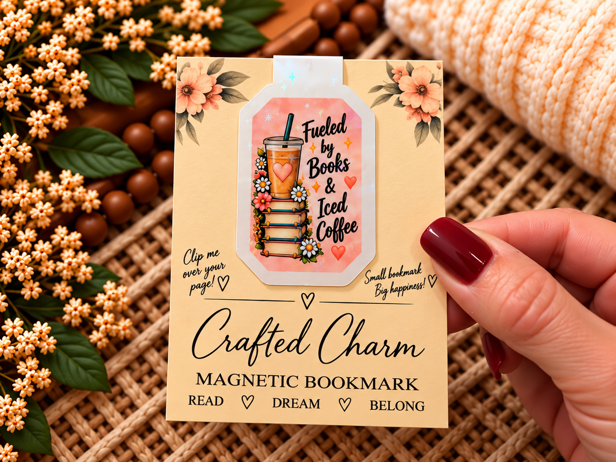 Fueled by Books and Iced Coffee magnetic bookmark on Crafted Charm packaging