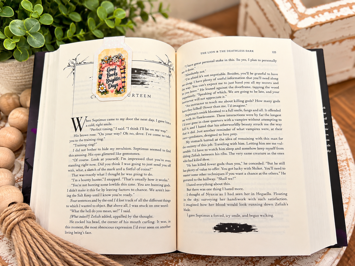 Good Books Brighter Days magnetic bookmark front clipped over an open book