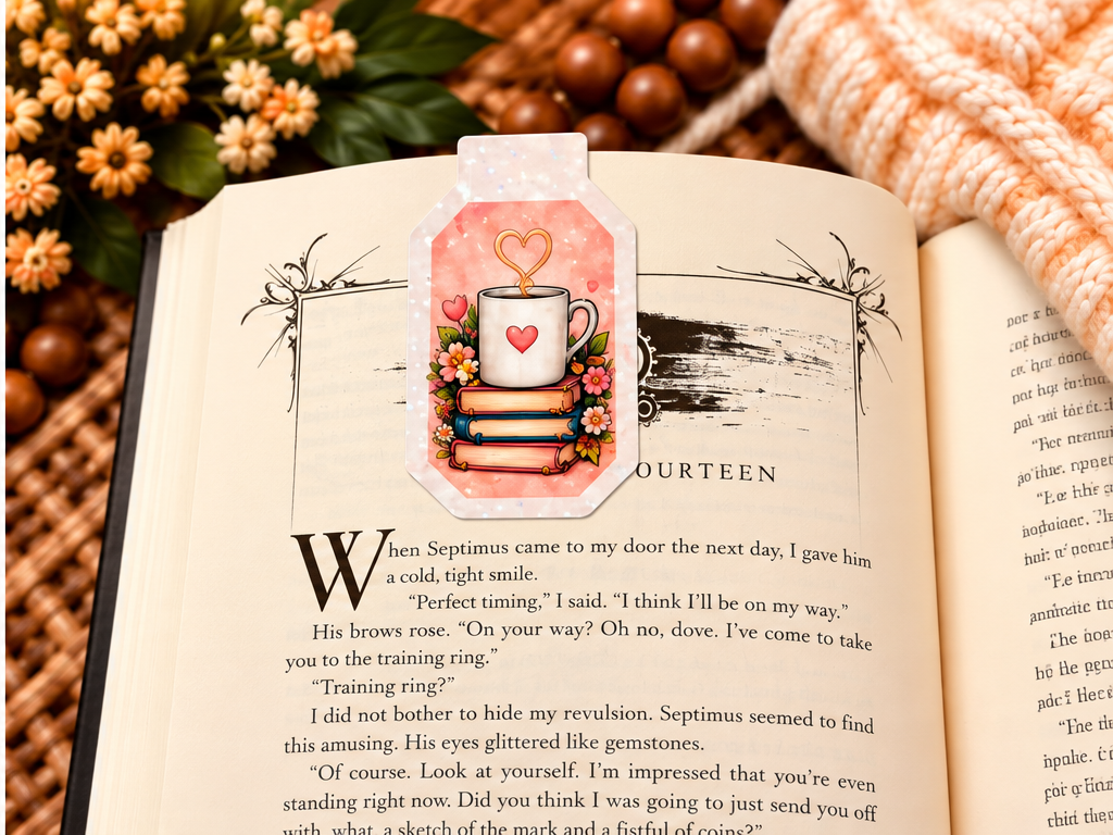 Just One More Chapter magnetic bookmark reverse side clipped over an open book