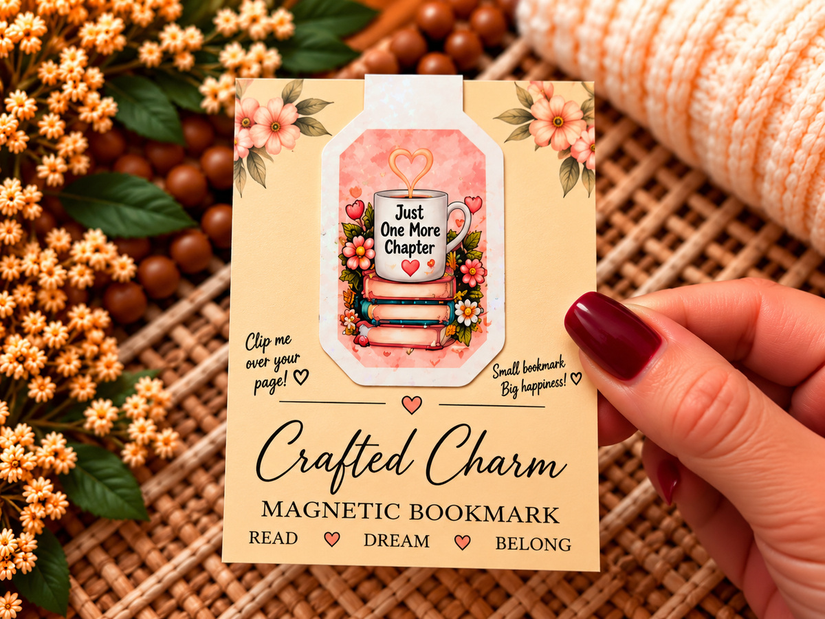 Just One More Chapter magnetic bookmark on Crafted Charm packaging