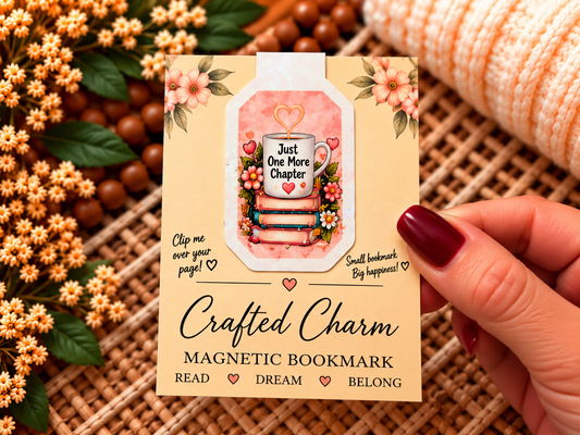 Just One More Chapter magnetic bookmark on Crafted Charm packaging