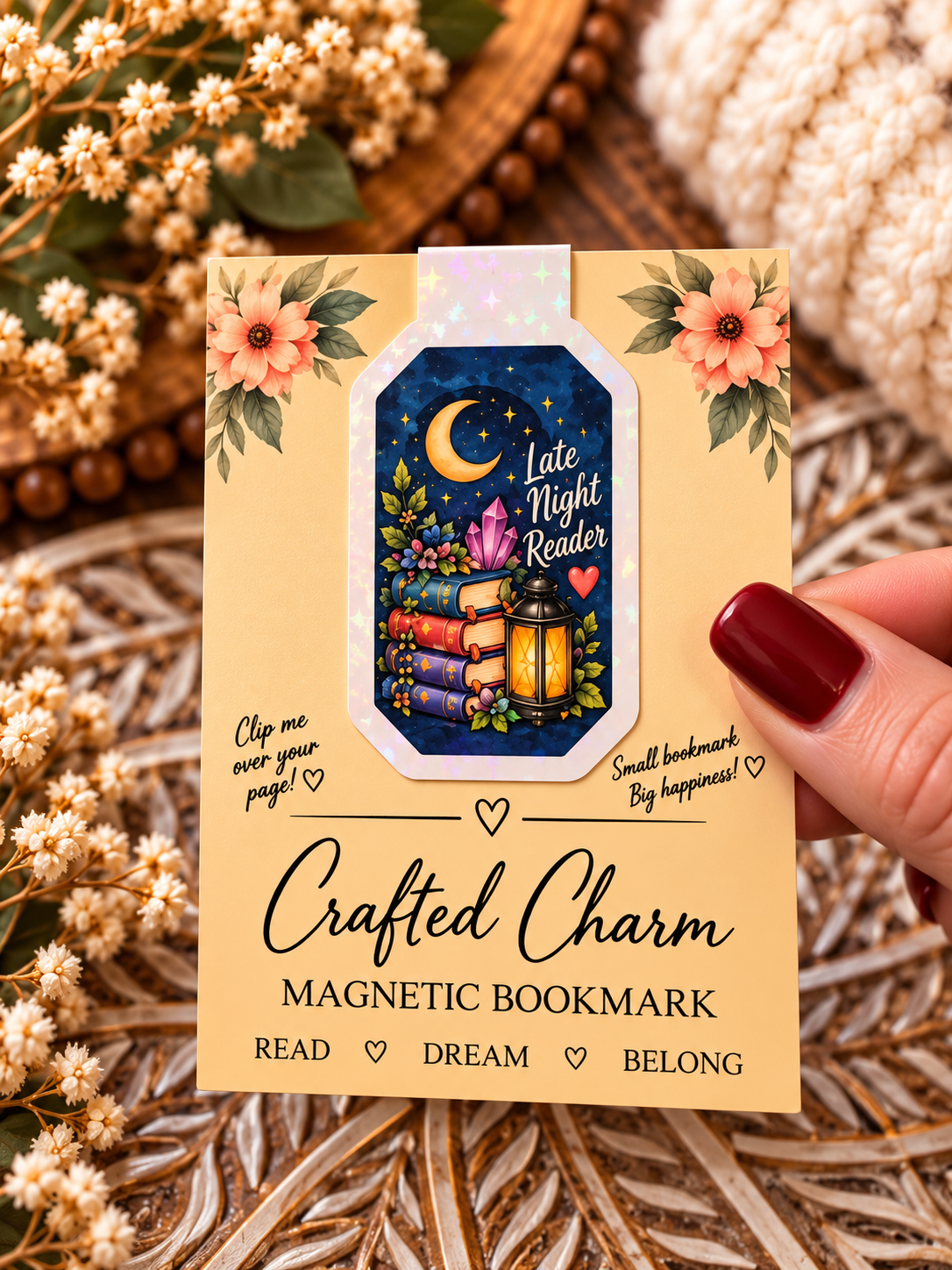 Late Night Reader magnetic bookmark on Crafted Charm packaging