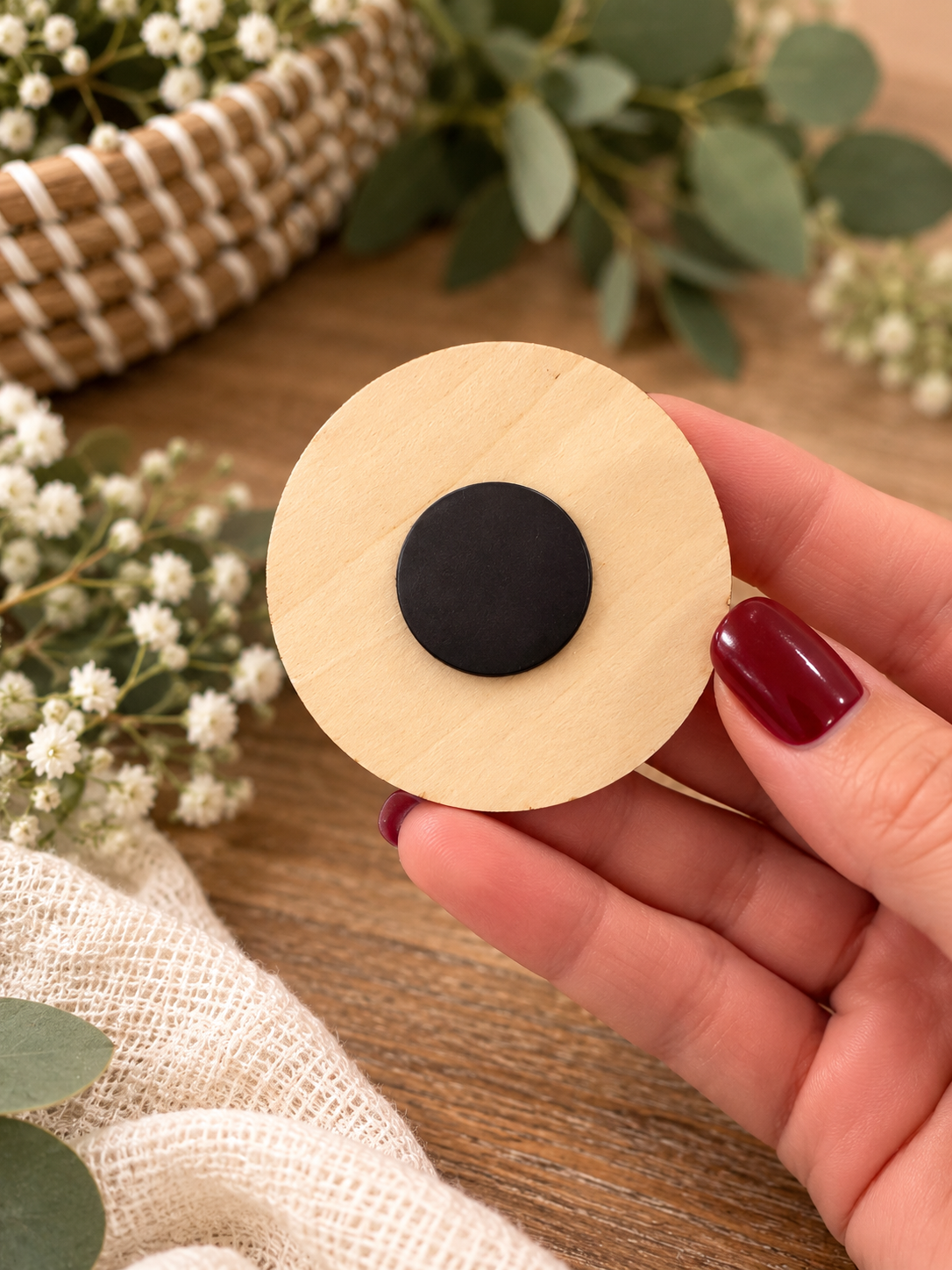 Back of birch wedding favor showing round magnet