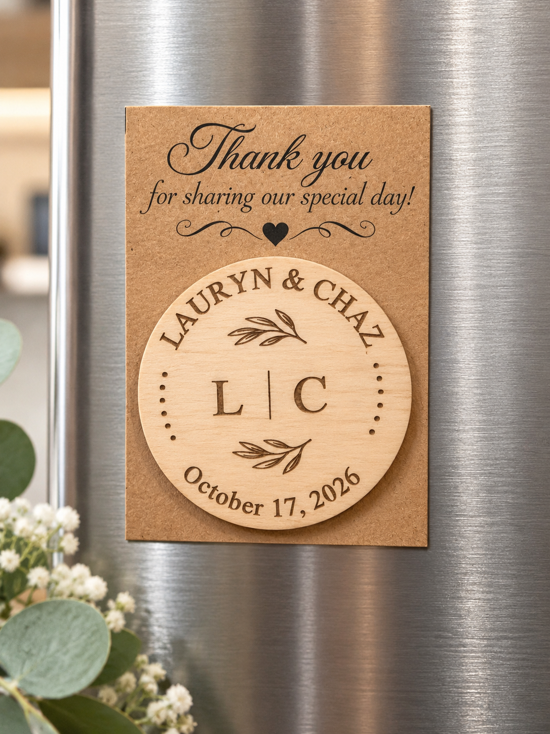 Personalized wedding favor magnet displayed on refrigerator