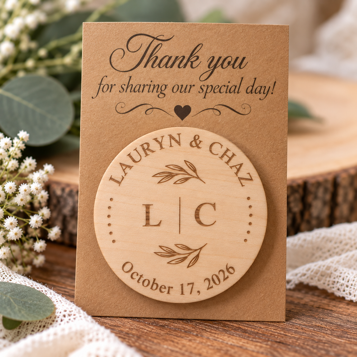 Personalized birch wedding favor magnet with thank-you presentation card