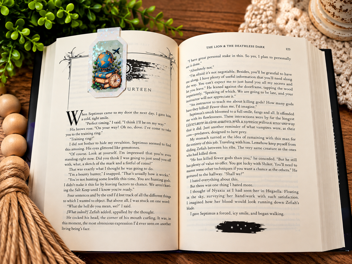 Read Explore Repeat magnetic bookmark back shown on an open book