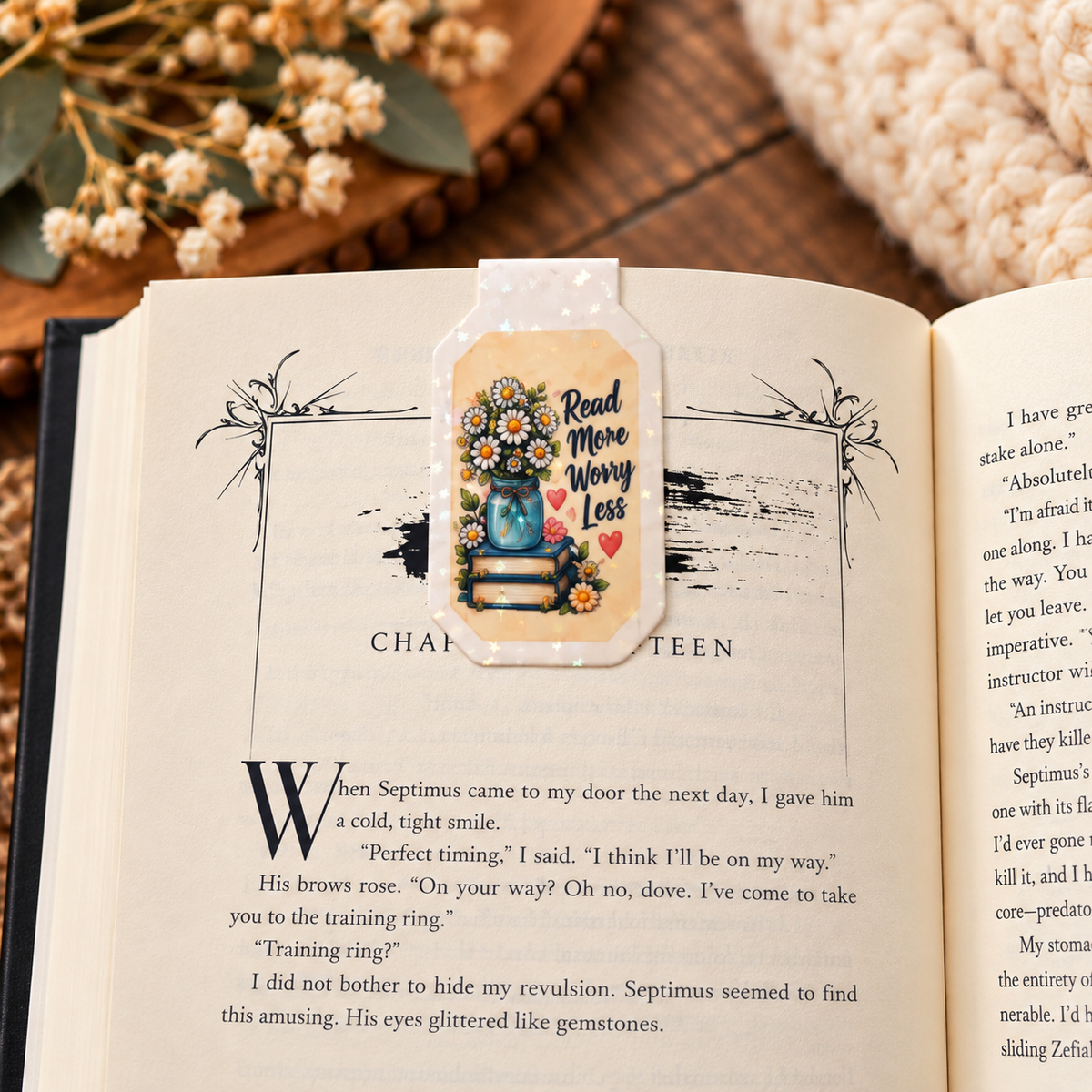 Read More Worry Less magnetic bookmark front clipped over a book page