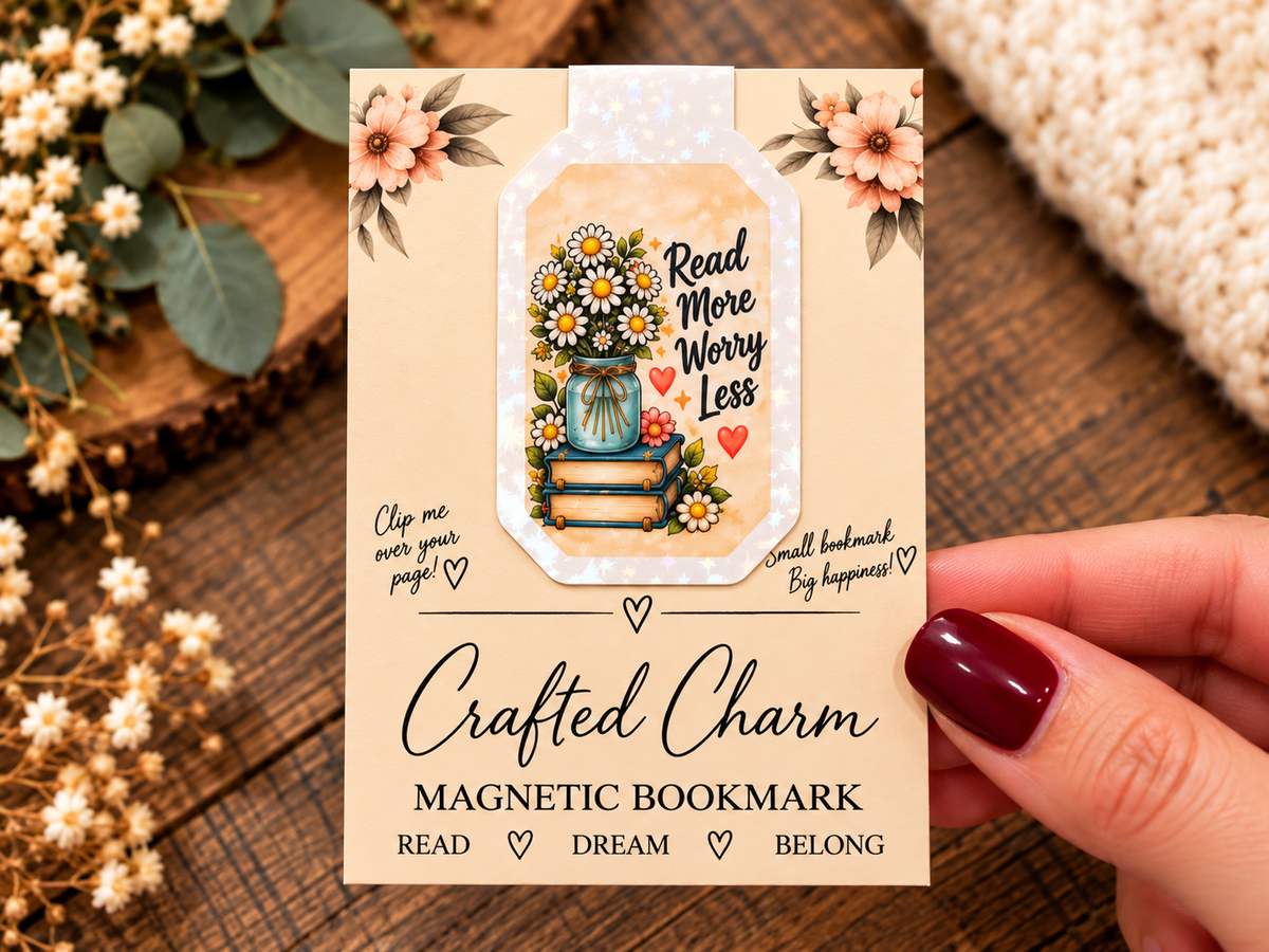 Read More Worry Less magnetic bookmark on Crafted Charm packaging